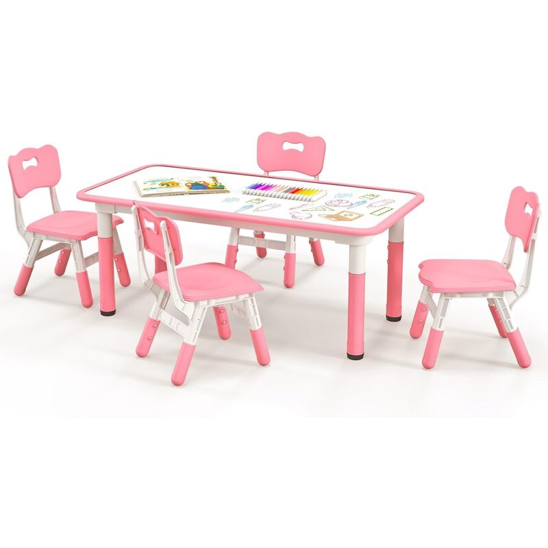 foto del prodotto costway set tavolo e 4 seide per bambini, scrivania regolabile in altezza con piano graffiti, gambe antiscivolo, mobile multifuzione con 4 posti