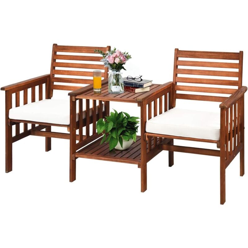 foto del prodotto costway set tavolo e sedia da giardino con foro per ombrello, set di mobili a 2 posti da esterno in legno con cuscini, per giardino, cortile e