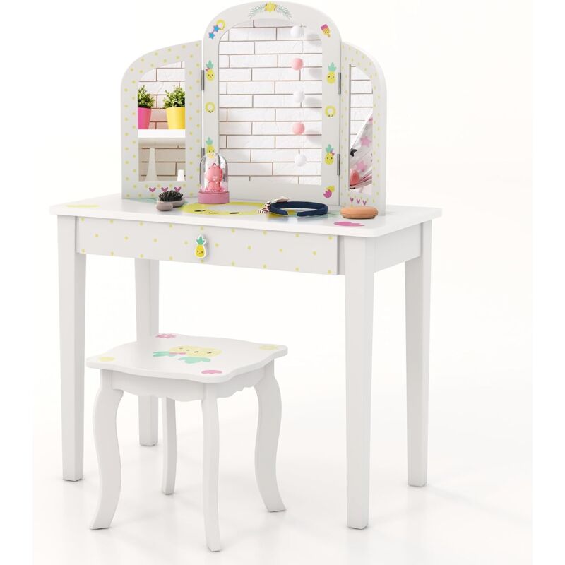 foto del prodotto costway set tavolo e sedia da toeletta per bambini, tavolo da toeletta per bambini con specchio tri pieghevole, ampio cassetto, per bambini dai 3