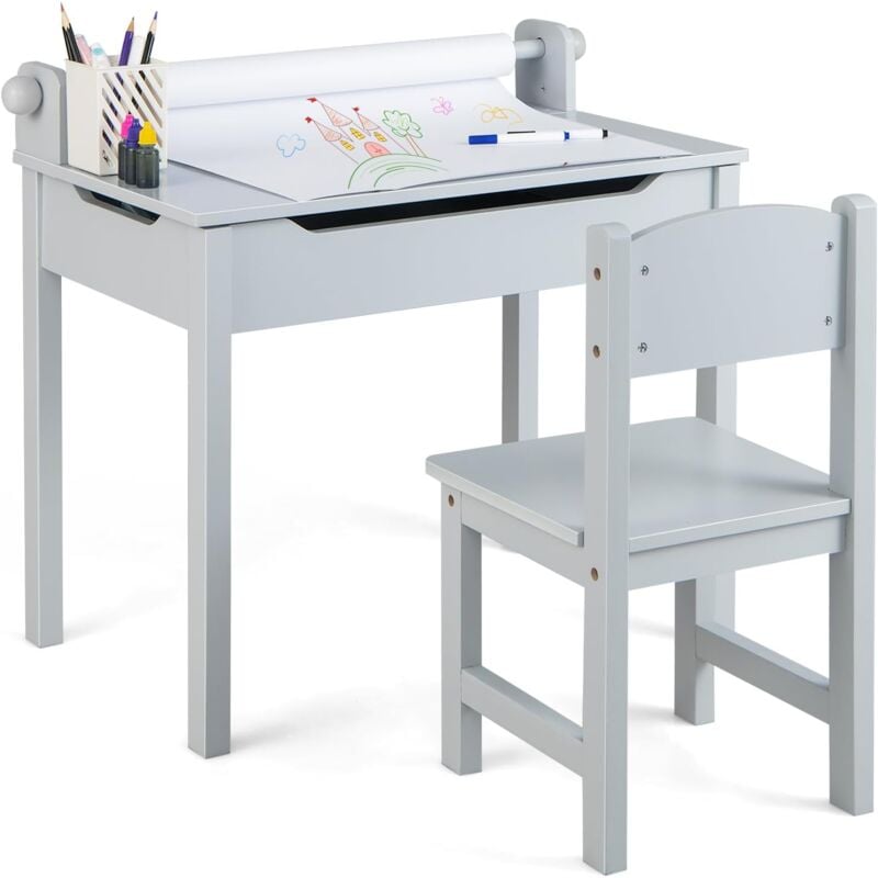foto del prodotto costway set tavolo e sedia multiattivit bambini, scrivania da disegno con portarotolo e piano ribaltabile, vano portaoggetti, rotolo di carta e