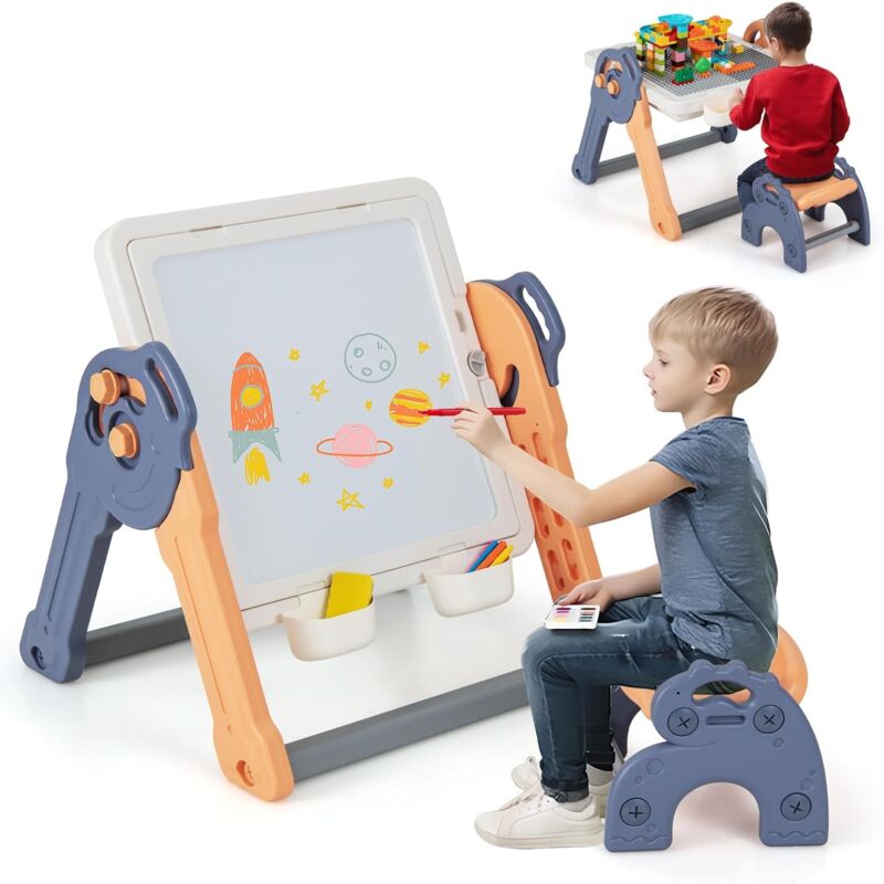 foto del prodotto costway set tavolo e sedia per bambini con cavalletto, tavolo pieghevole per bambini con piano reversibile per costruzioni, 4 cestini rimovibili,
