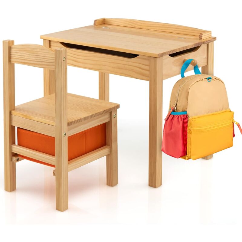 foto del prodotto costway set tavolo e sedia per bambini, scrivania ribaltabile con sedia per bambini in legno, con cassetto e gancio estraibile, bianco naturale