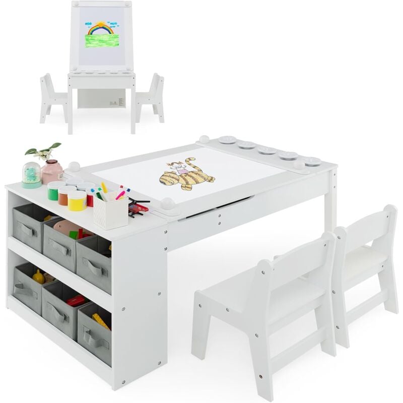 foto del prodotto costway set tavolo e sedia per bambini, tavolo artistico 2 in 1 con piano sollevabile, rullo di carta, vaschette per vernici e 6 contenitori, per