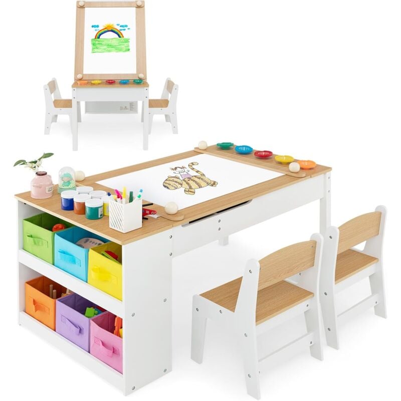 foto del prodotto costway set tavolo e sedia per bambini, tavolo artistico 2 in 1 con piano sollevabile, rullo di carta, vaschette per vernici e 6 contenitori, per