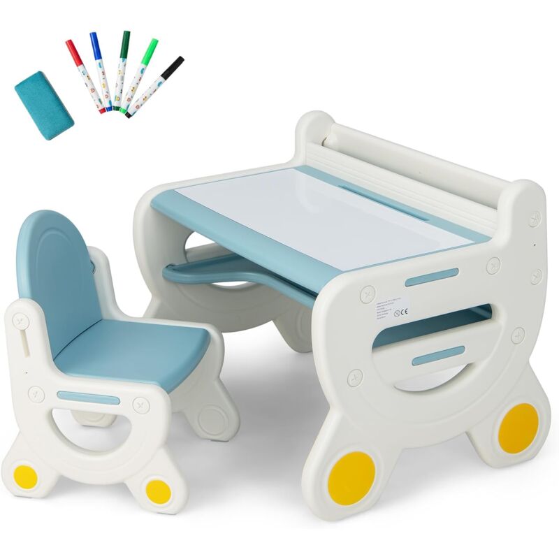 foto del prodotto costway set tavolo e sedia per bambini, tavolo per bambini con sedia, tavolo da disegno cancellabile e ripiano, per disegnare, leggere, giocare,