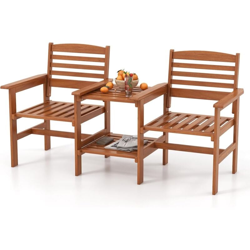 foto del prodotto costway set tavolo e sedie da giardino con foro per ombrellone, set di mobili a 2 posti in legno, tavolo e sedia da bistro, tavolino portata 35 kg,