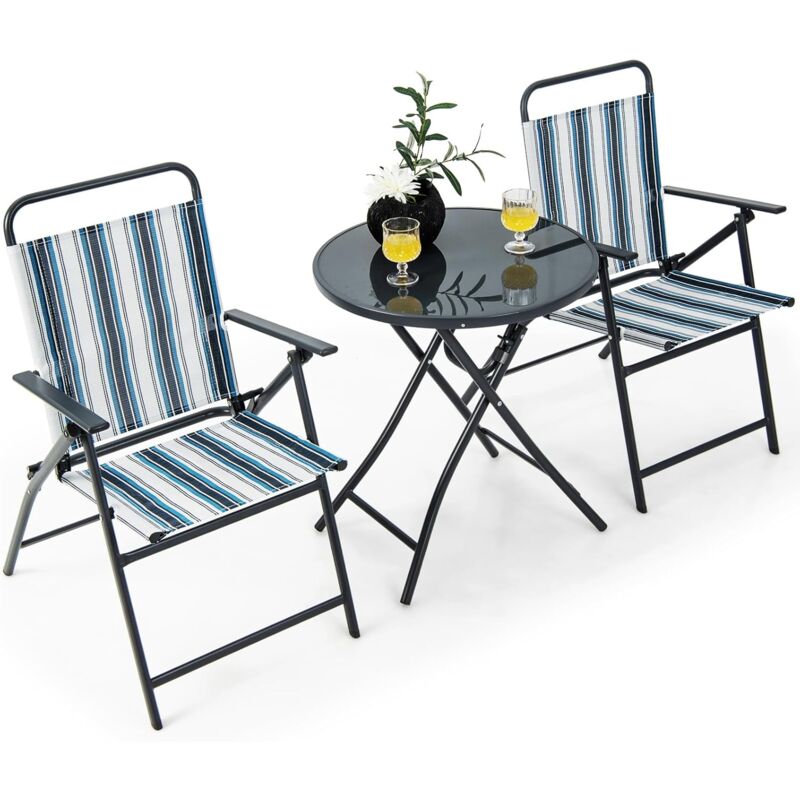 foto del prodotto costway set tavolo e sedie da giardino pieghevoli 3 pezzi, set mobili da esterno con 2 sedia in textilene e tavolino rotondo in vetro temperato,