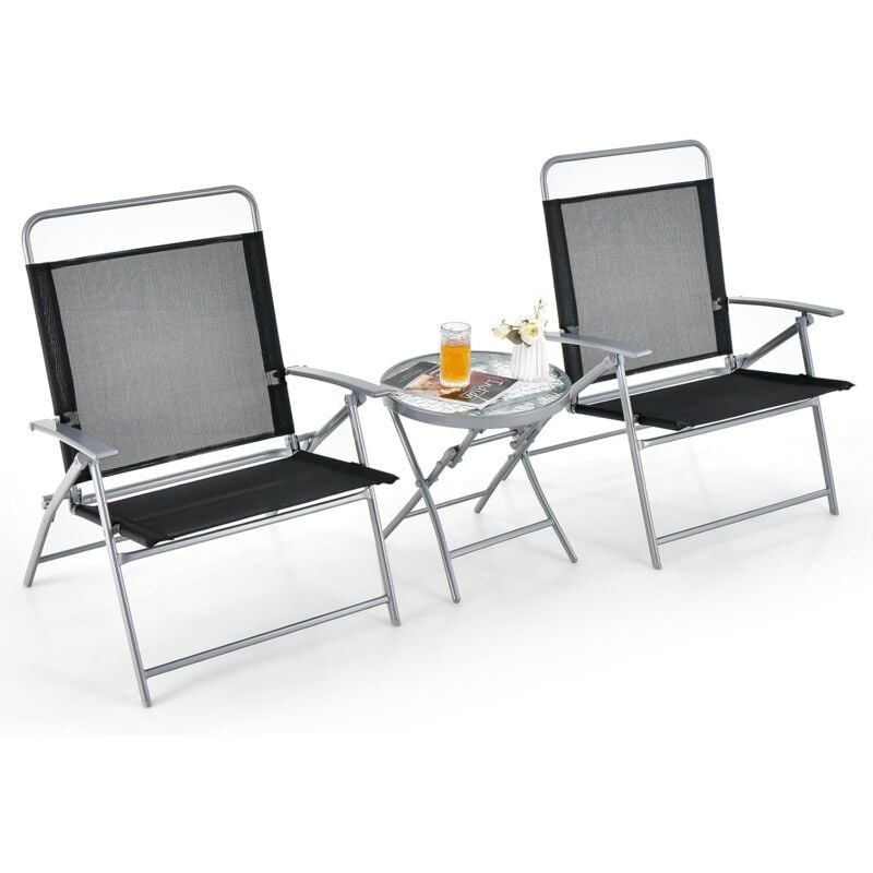 foto del prodotto costway set tavolo e sedie da giardino pieghevoli, set mobili da esterno 3 pezzi con sedia in textilene e tavolino rotondo in vetro temperato,