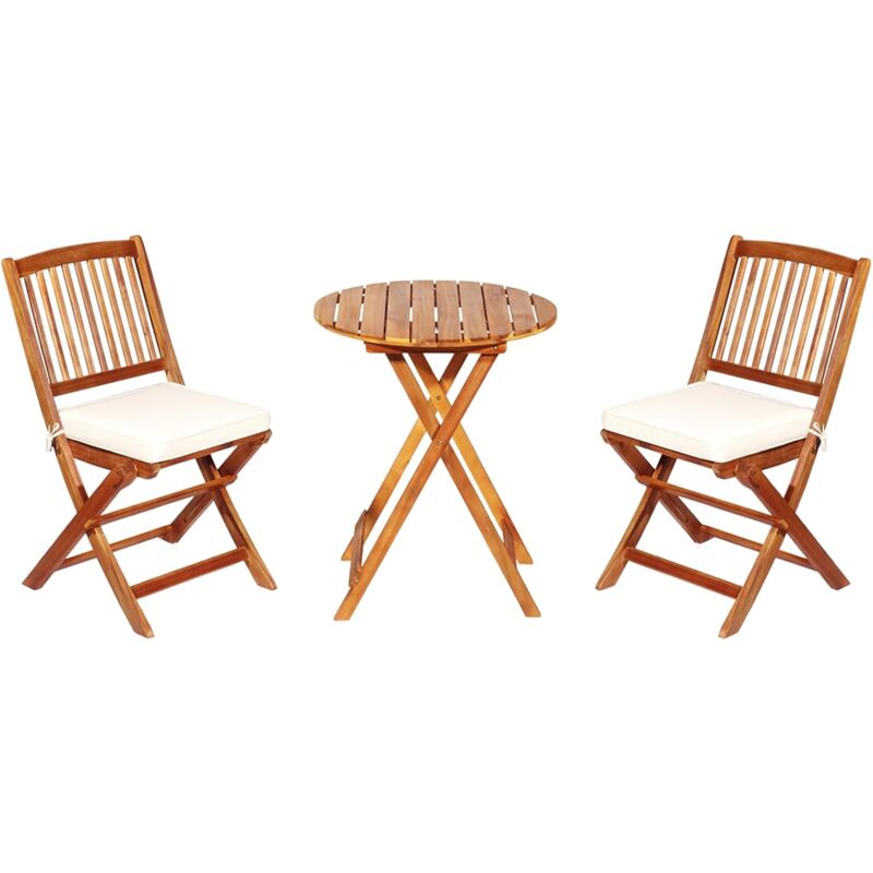 foto del prodotto costway set tavolo e sedie da giardino, set mobili da giardino pieghevoli 3 pezzi in legno di acacia, con cuscini, arredo giardino per giardino