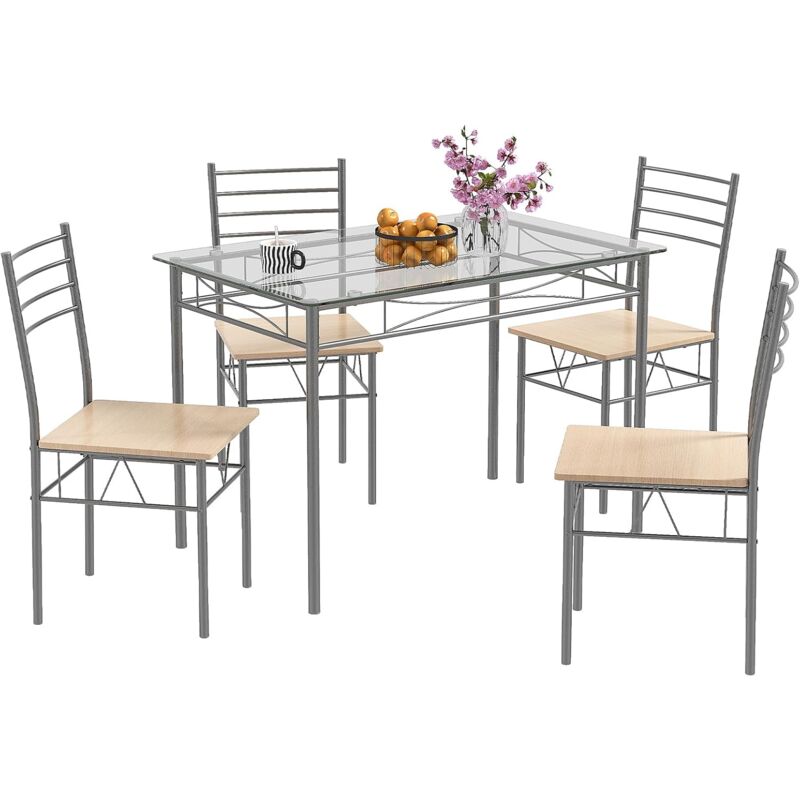 foto del prodotto costway set tavolo e sedie da pranzo moderno 5 pezzi, tavolo rettangolare da cucina in vetro e 4 sedie con struttura metallica antigraffio, set di