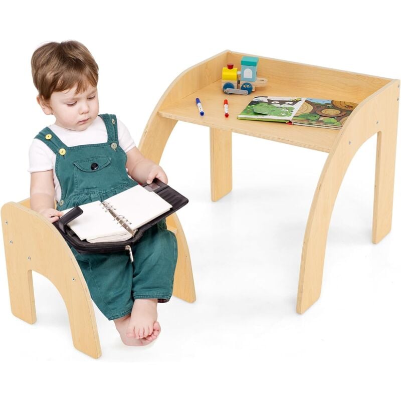 foto del prodotto costway set tavolo e sedie per bambini 3 anni, tavolino legno con sedie per cameretta con bordo curvato e ampio piano, mobile salvaspazio per