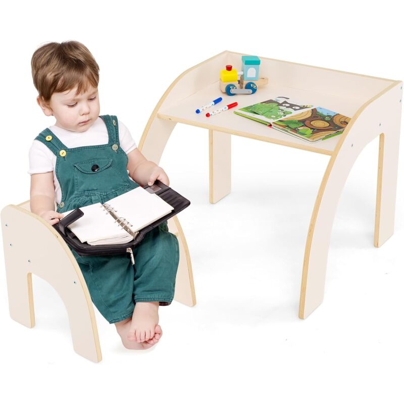 foto del prodotto costway set tavolo e sedie per bambini 3 anni, tavolino legno con sedie per cameretta con bordo curvato e ampio piano, mobile salvaspazio per