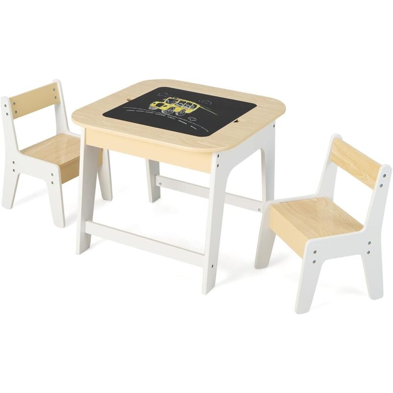 foto del prodotto costway set tavolo e sedie per bambini, con lavagna reversibile, tavolo multiattivit con vano portaoggetti nascosto e 2 sedie, per bambini da 3 a
