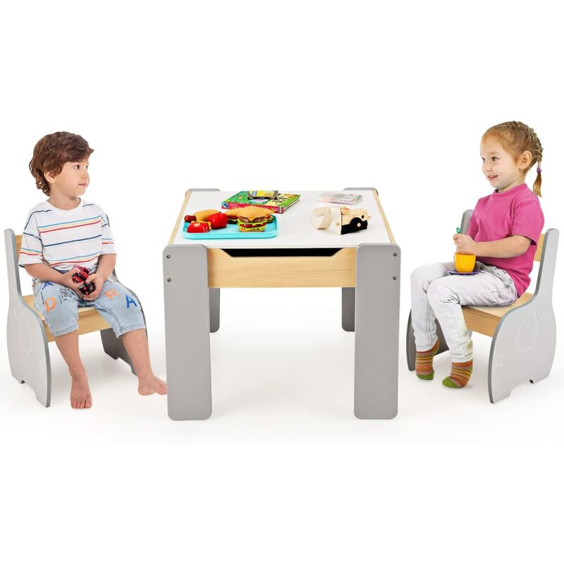 foto del prodotto costway set tavolo e sedie per bambini, set di tavolo da attivit per bambini con 2 sedie, lavagna rimovibile e deposito, per giocare, disegnare e