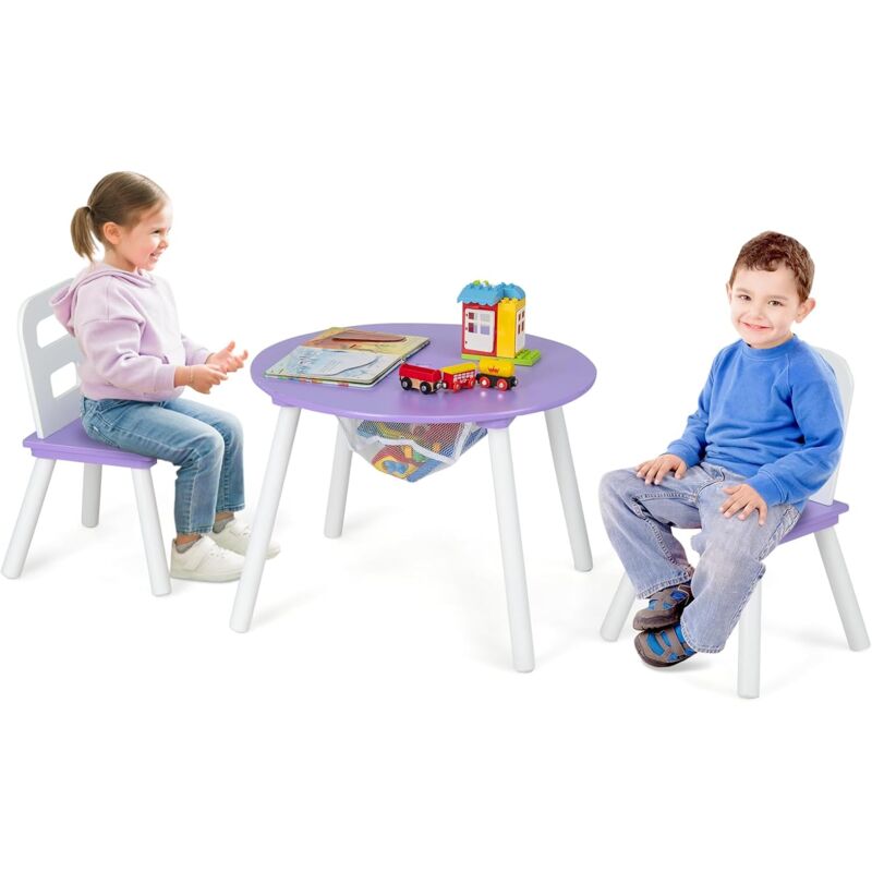 foto del prodotto costway set tavolo rotondo con 2 sedie per bambini, set 3 pezzi con tavolo attivit di legno, con borsa a rete, mobile per camera da letto sala