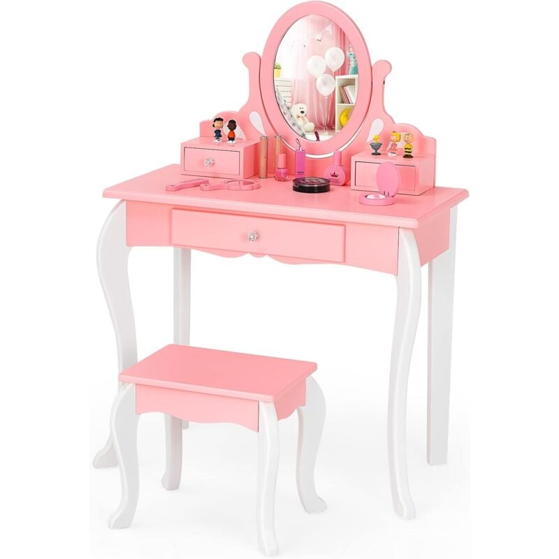 foto del prodotto costway set tavolo toeletta e sgabello per bambini specchio girevole a 360 , 3 cassetti, set toeletta multifunzionale con parte superiore