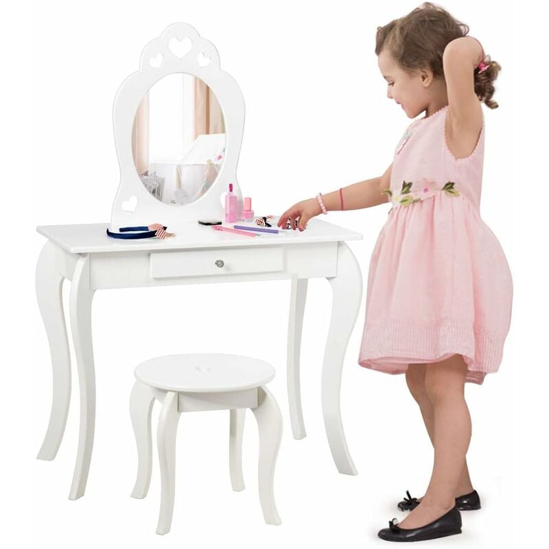 immagine 0 del prodotto costway set toeletta e sedia per bambine specchio e cassetto, toletta trucco 2 in 1 con superficie smontabile, 70 x 34 x 105 cm, bianco