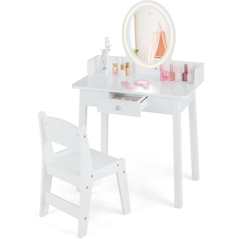 foto del prodotto costway set toeletta per bambini con sgabello, cassetti e specchio staccabile, toeletta per bambini in legno, con luce regolabile, ideale per