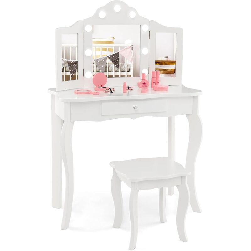 foto del prodotto costway set toeletta per bambini con sgabello e cassetti, toeletta per bambini in legno, con luce regolabile, 60 x 35 x 96 cm bianco 
