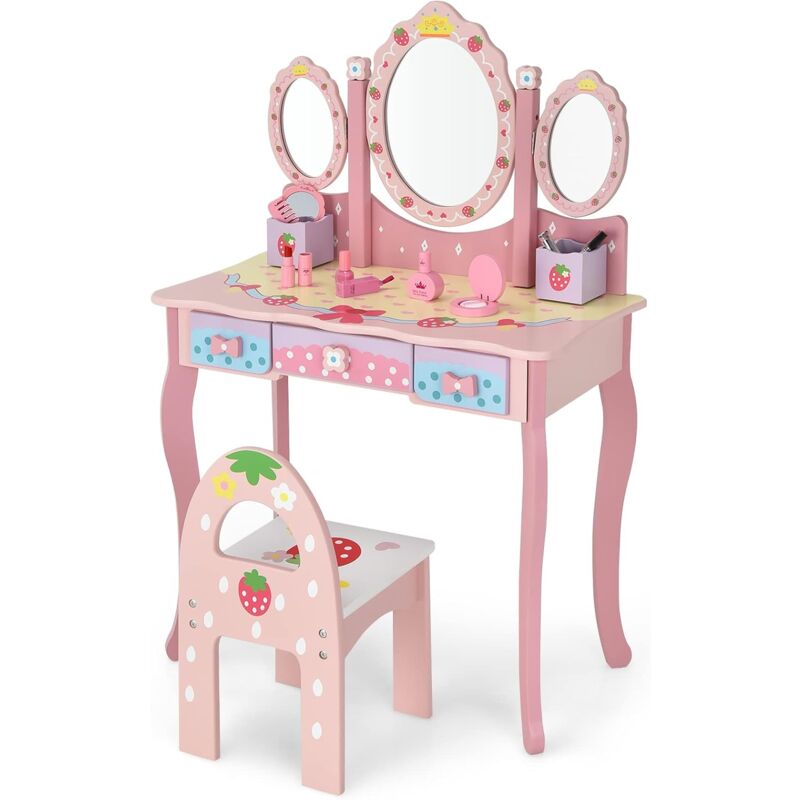 foto del prodotto costway set toeletta per bambini specchio tripartito, tavolo toeletta, sedia per bambini, 3 cassetti 2 scatole, design colorato di graffiti, rosa