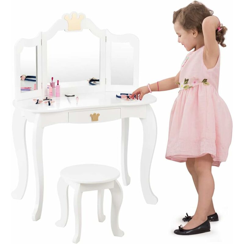 foto del prodotto costway set toeletta trucco e sedia per bambine smontabile specchio e cassetto, toletta trucco 2 in 1, 80 x 42 x 105 cm, bianco