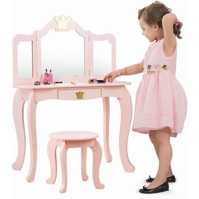 foto del prodotto costway set toeletta trucco e sedia per bambine smontabile specchio e cassetto, toletta trucco 2 in 1, 80 x 42 x 105 cm, rosa