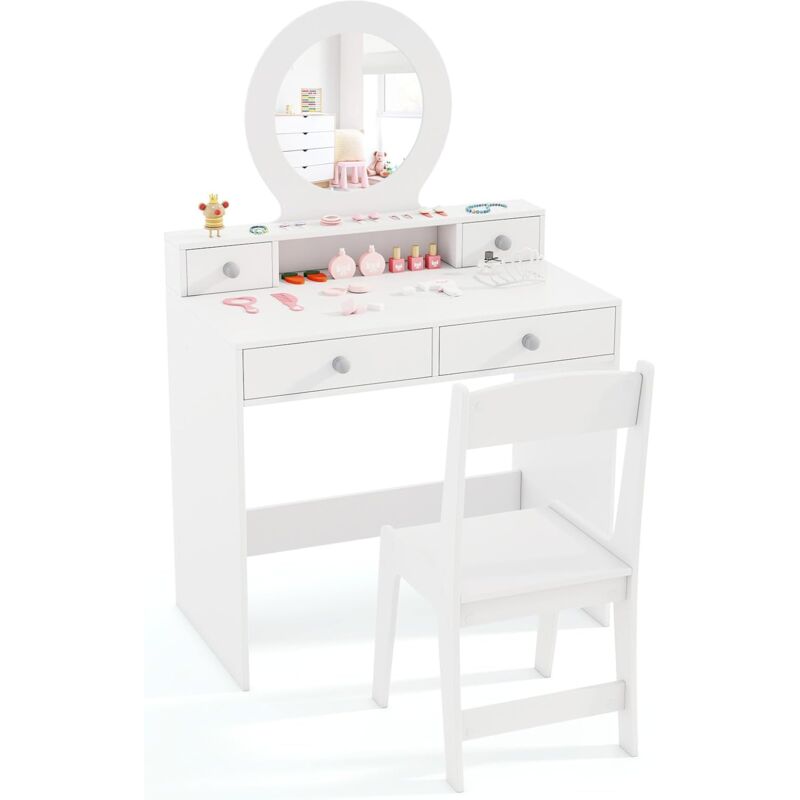 foto del prodotto costway set toeletta trucco per bambina con sedia a schienane, tavolo trucco con specchio acrilico rotondo, postazione trucco con 2 cassetti grandi