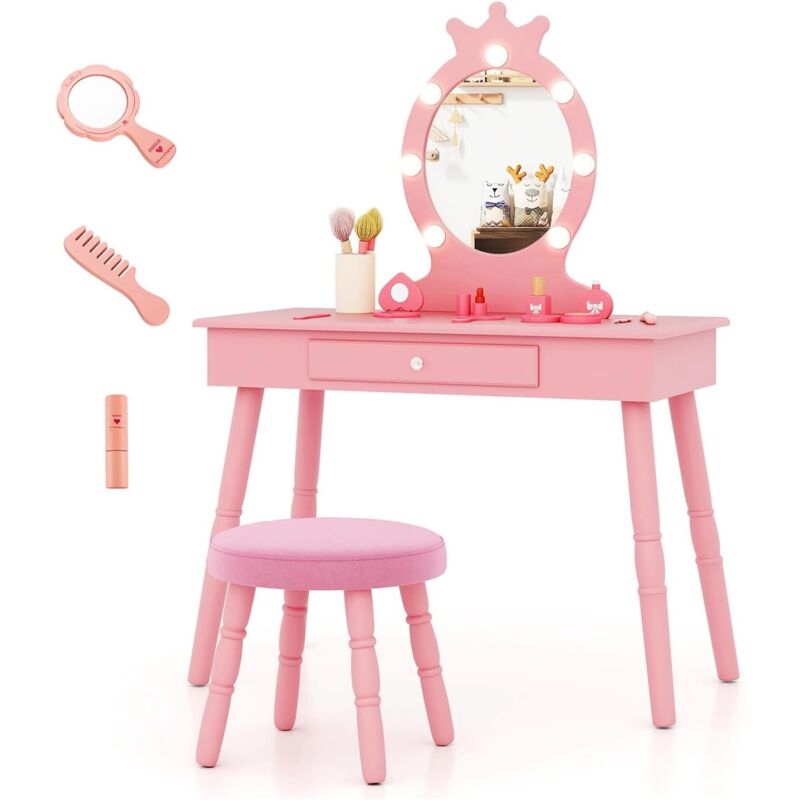 foto del prodotto costway set toeletta trucco per bambina con sgabello, specchiera trucco staccabile con luci led a 3 colori, postazione trucco giocattolo con