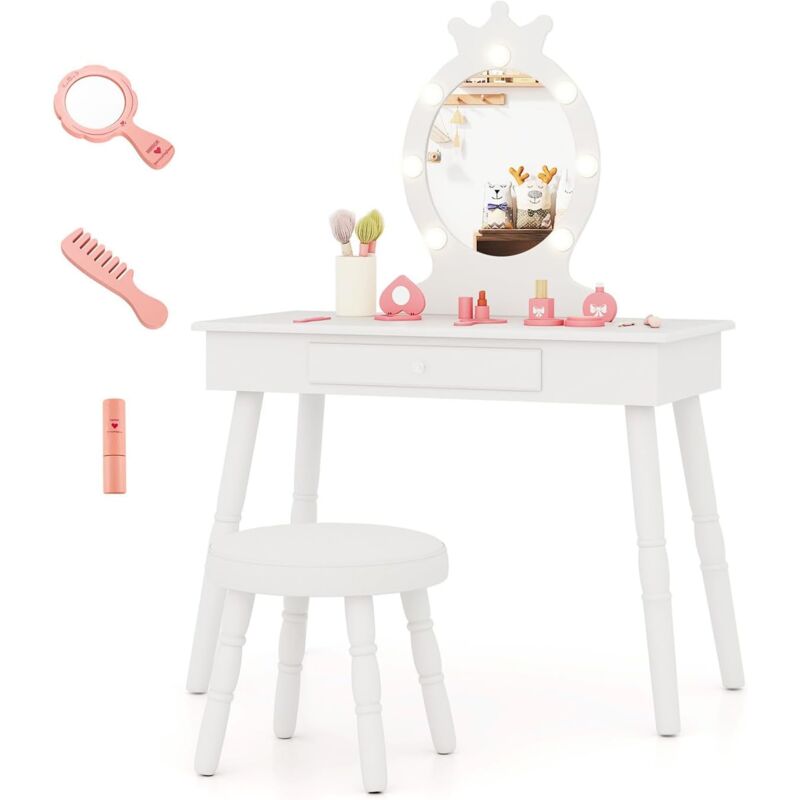 foto del prodotto costway set toeletta trucco per bambina con sgabello, specchiera trucco staccabile con luci led a 3 colori, postazione trucco giocattolo con