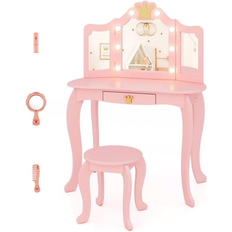 foto del prodotto costway set toeletta trucco per bambina con sgabello, tavolo trucco triplo specchio staccabile con luci led a 3 colori, postazione trucco con