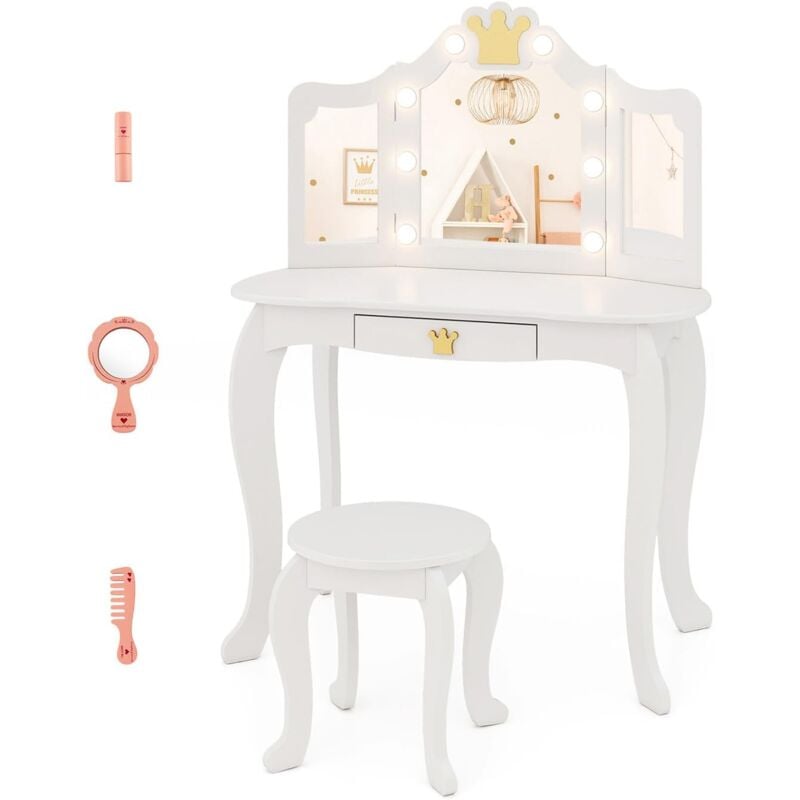 foto del prodotto costway set toeletta trucco per bambina con sgabello, tavolo trucco triplo specchio staccabile con luci led a 3 colori, postazione trucco con