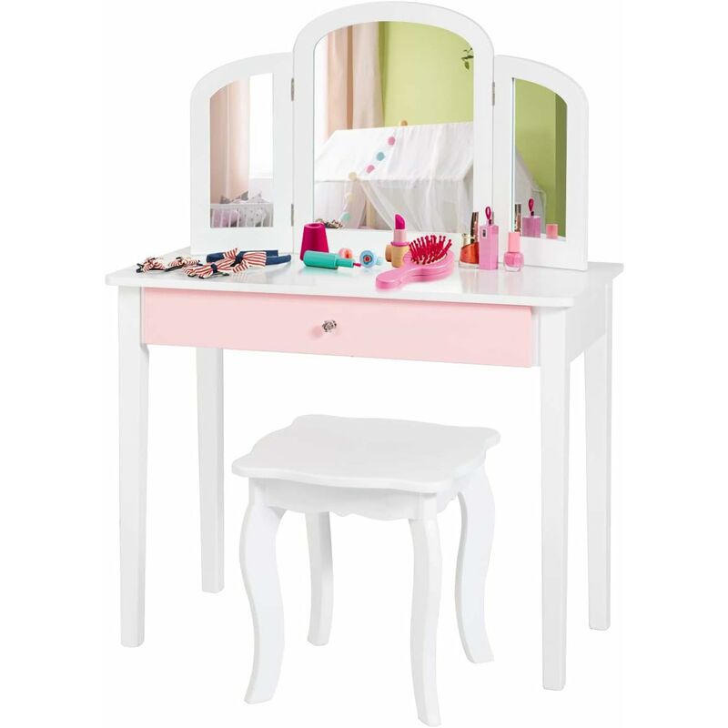 foto del prodotto costway set toeletta trucco sedia per bambini, 3 specchio e cassetto grande, 95 x 70 x 34 cm, specchiera bambina, bianco
