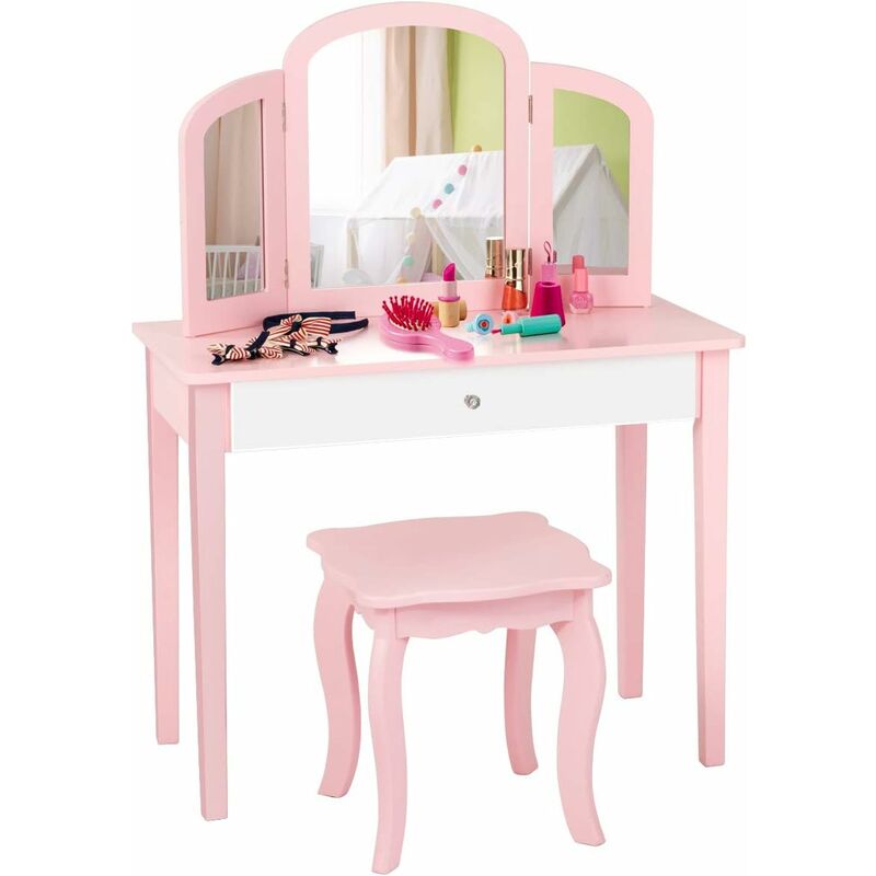 foto del prodotto costway set toeletta trucco sedia per bambini, 3 specchio e cassetto grande, 95 x 70 x 34 cm, specchiera bambina, rosa