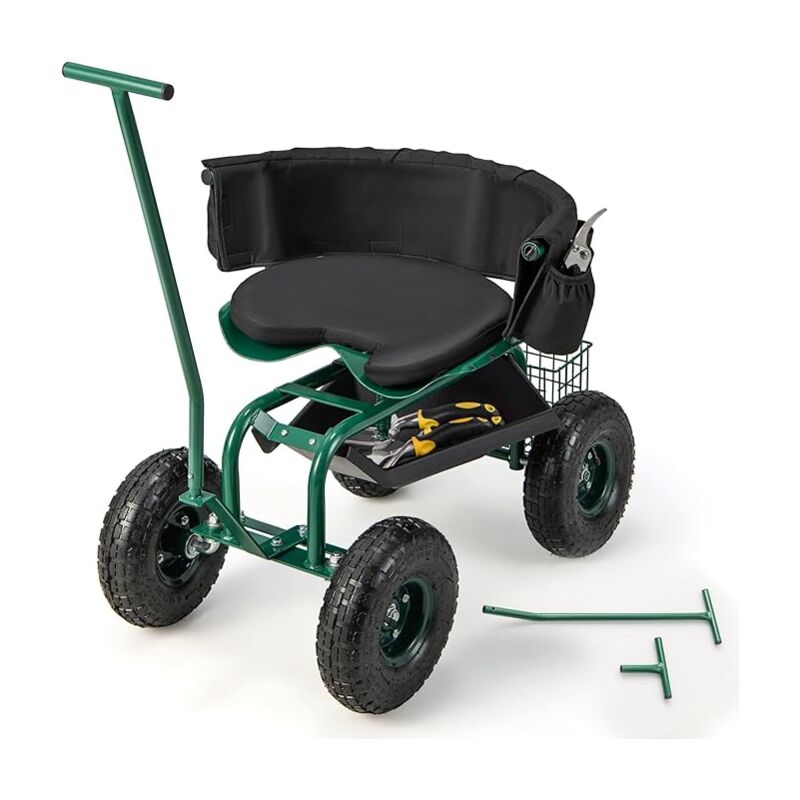 foto del prodotto costway sgabello per giardinaggio con ruote, carrello da giardino regolabile in altezza con sedile girevole a 360, cuscino, 2 maniglie di sterzo e