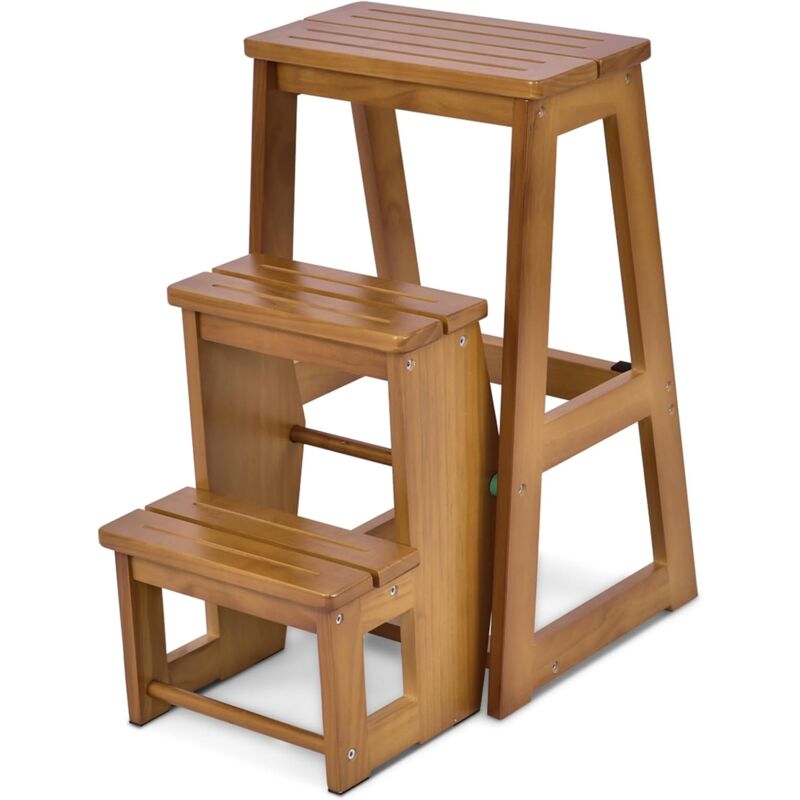 foto del prodotto costway sgabello scaletta 3 gradini in legno di pino, sgabello scala pieghevole salvaspazio, scaletta 3 gradini a ribalta, capacit portante 150