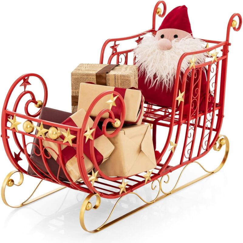 foto del prodotto costway slitta di babbo natale, slitta di babbo natale in metallo con ampia area di carico per regali, decorazione natalizia con stelle dorate, per