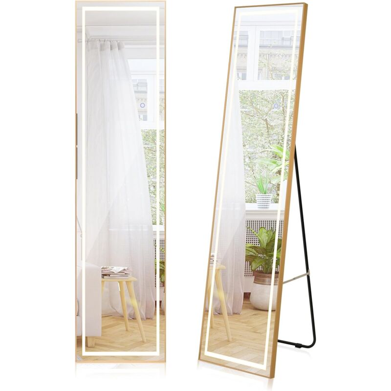 foto del prodotto costway specchio a figura intera con luci led, specchio da parete con cornice in alluminio, luminosit regolabile e 3 colori di illuminazione, per