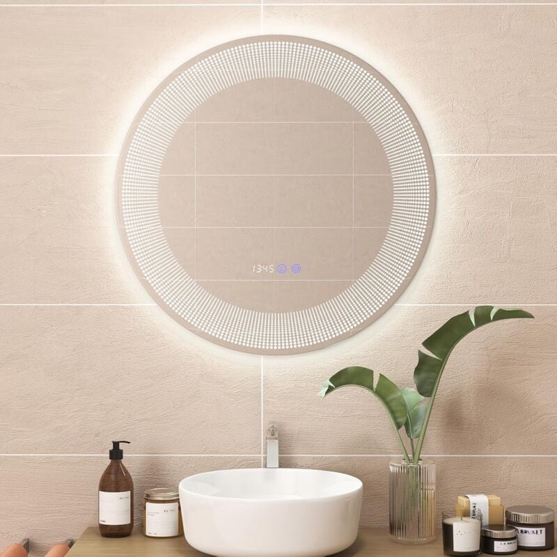 foto del prodotto costway specchio da bagno a led 60x60vm, specchio rotondo a parete con luci a 3 colori, lettura di tempo e temperatura, funziona anti appannamento