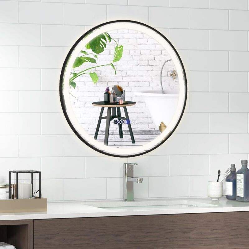 foto del prodotto costway specchio da bagno a led, specchio a parete con luce a 3 colori, funzione di memoria e anti appannamento, lettura di tempo e temperatura,