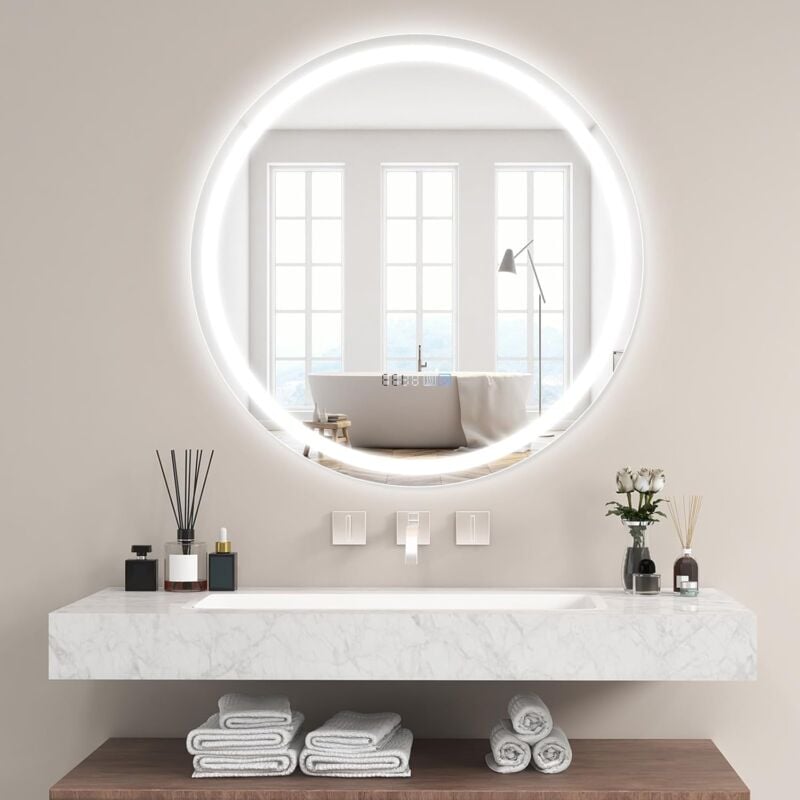foto del prodotto costway specchio da bagno a led, specchio rotondo a parete con luminosit regolabile, 3 temperature di colore, funzione anti appannamento e memoria