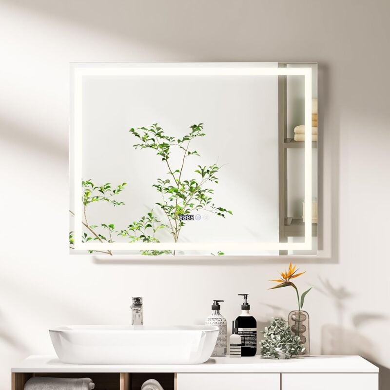 foto del prodotto costway specchio da bagno rotondo quadrato a led, specchio da trucco da parete impermeabile con 3 colori, 58 72 luci, schermo tattile, ideale per