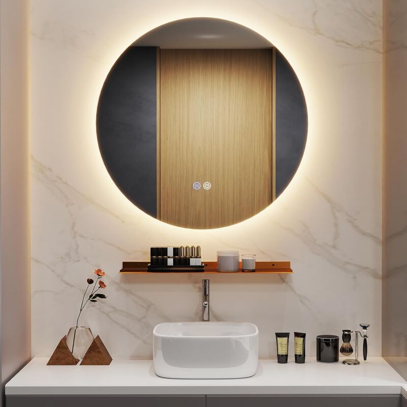 foto del prodotto costway specchio da parete 60cm, specchio rotondo bagno con luci led a 3 colori, mensola e funzioni di autosbrinante e di memoria, per soggiorno e