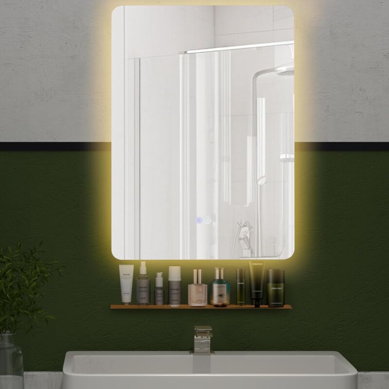 foto del prodotto costway specchio da parete 70 x 50cm, specchio bagno rettangolare con luci led a 3 colori, mensola e funzioni di autosbrinante e di memoria, per