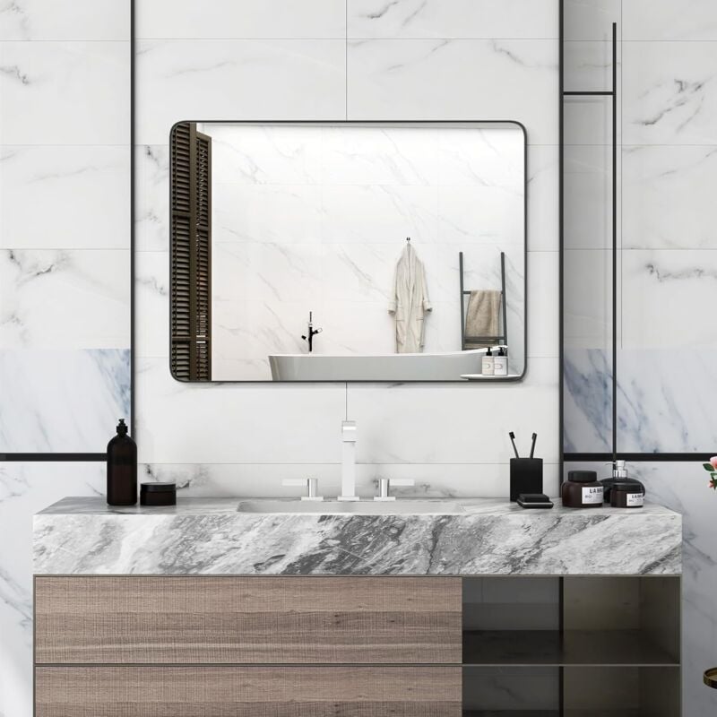foto del prodotto costway specchio da parete 76,5 x 56 cm, specchio da bagno rettangolare con pellicola antigraffio, cornice in metallo antiruggine, ideale per bagno