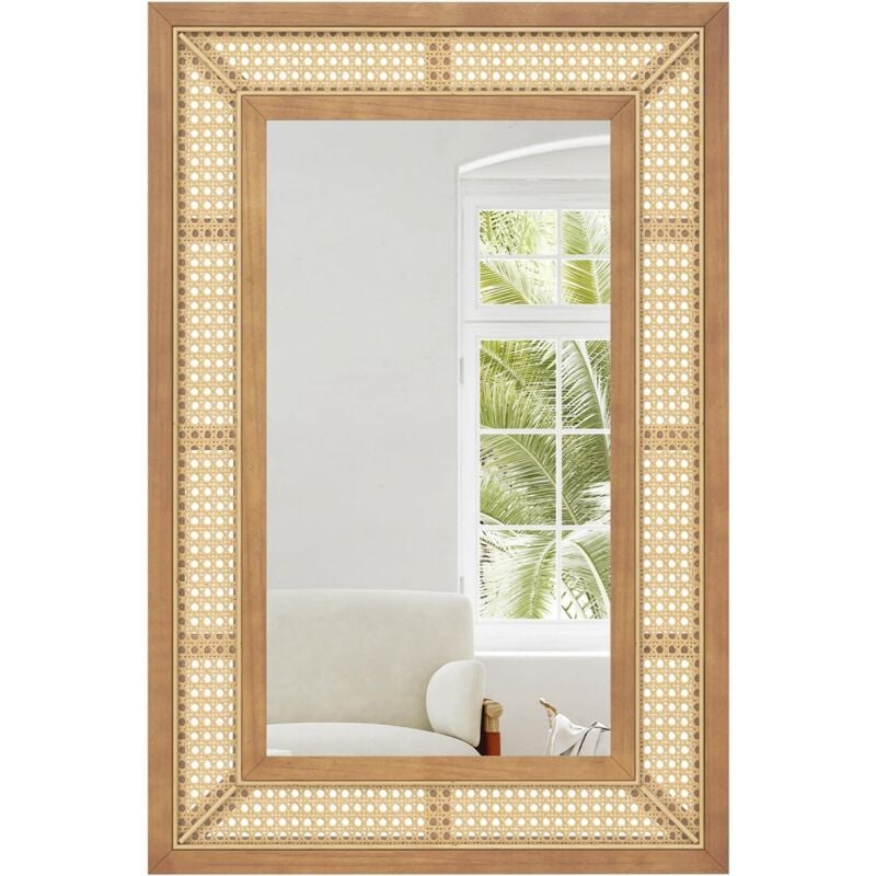 foto del prodotto costway specchio da parete 90x60 cm in rattan, specchio decorativo rettangolare con cornice in legno, specchio verticale o orizzontale per bagno
