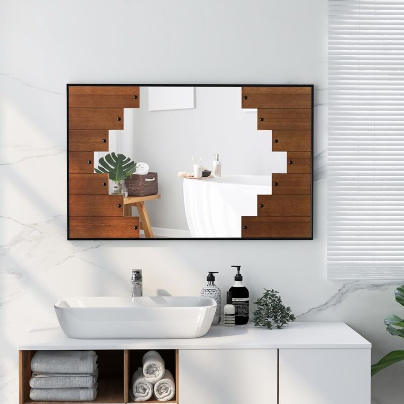 foto del prodotto costway specchio da parete rettangolare 66x100 cm, specchio da bagno con cornice a tastiera di pianoforte, gancio bidirezionale, specchio moderno