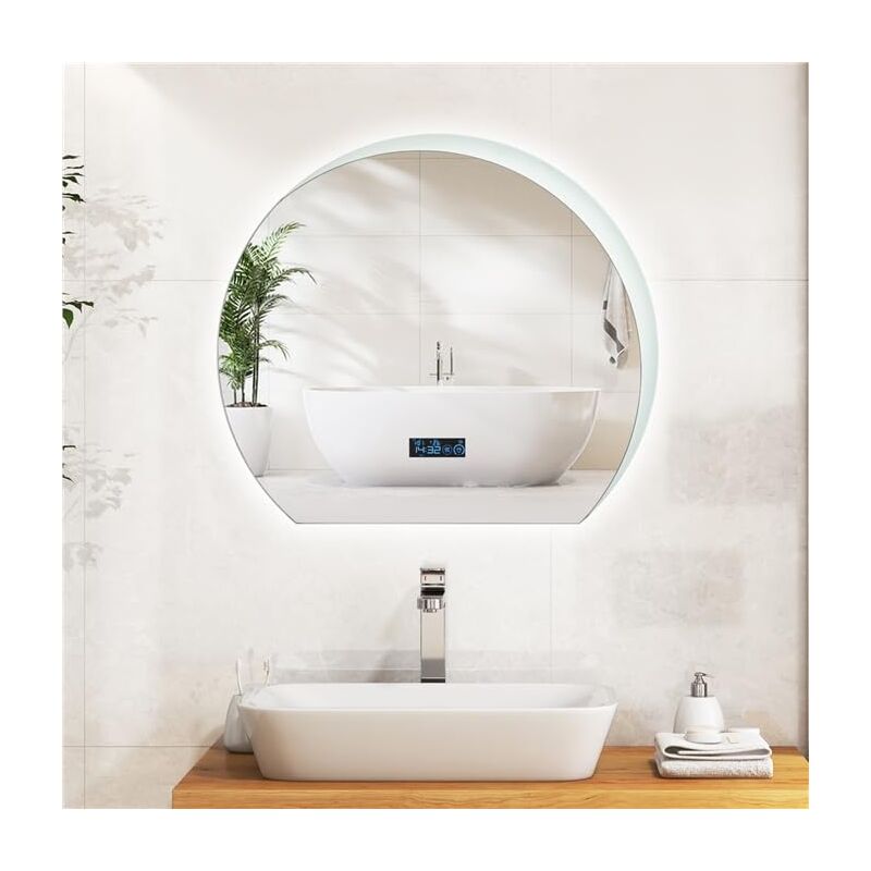 foto del prodotto costway specchio da parete, specchio ip44 da bagno arco moderno 60 x 53 x 3 cm con cornice in alluminio, luce led regolabile e display per
