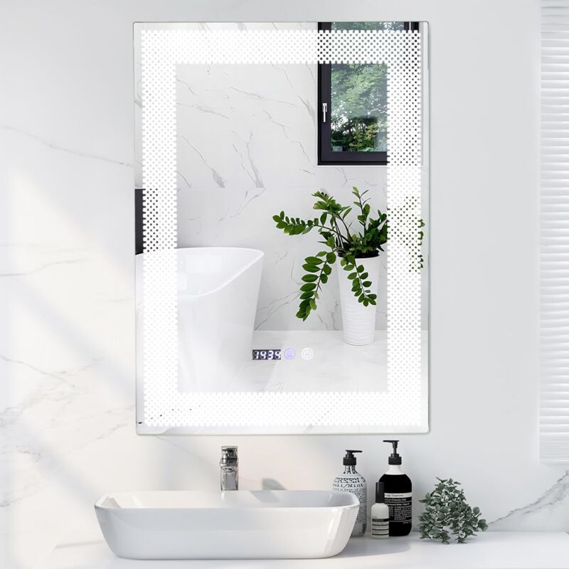 foto del prodotto costway specchio led a parete, specchio da bagno hd antappannamento con 3 luci colori, funzione memoria lettura di tempo e temperatura, specchio