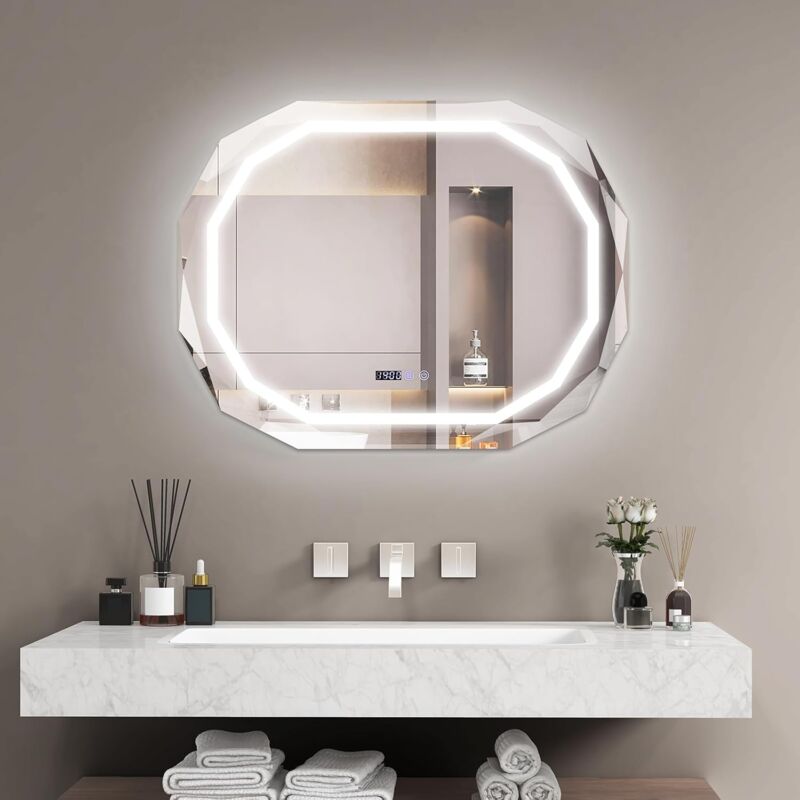 foto del prodotto costway specchio led per bagno, specchio antappannamento con luce a 3 colori, funzione di memoria lettura di tempo e temperatura, specchio