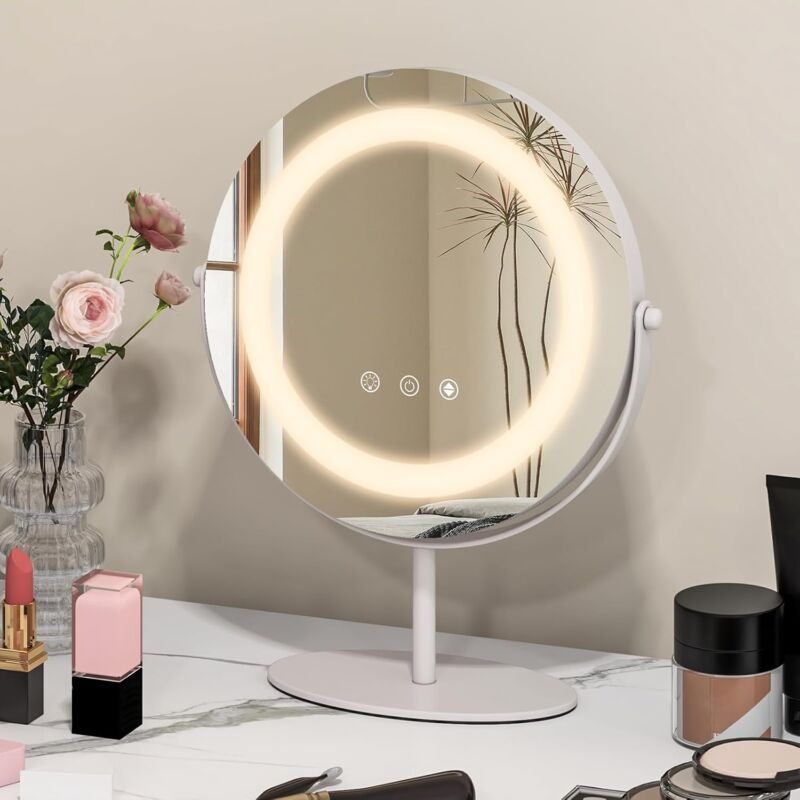 foto del prodotto costway specchio per trucco 25 cm, specchio da tavolo con luci led dimmerabile a 3 colori, rotazione a 360 e funzione di memoria, specchio rotondo